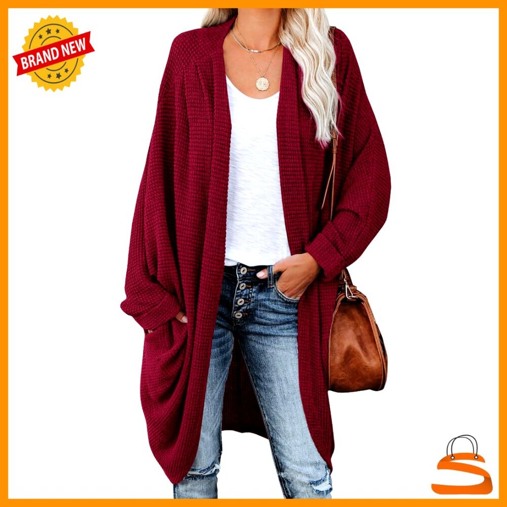 Oversized Cardigan Sweater Chunky Waffle Cable Batwing Sleeve Open Front Boho